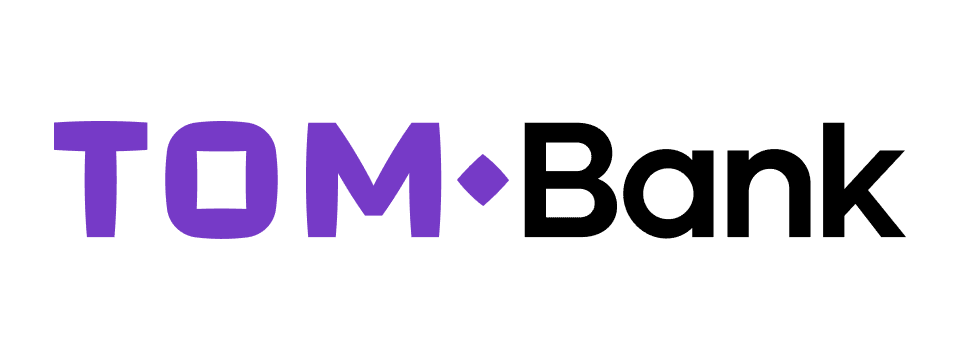 TOM•Bank logo: purple 'TOM' with a diamond dot, followed by black 'Bank' text