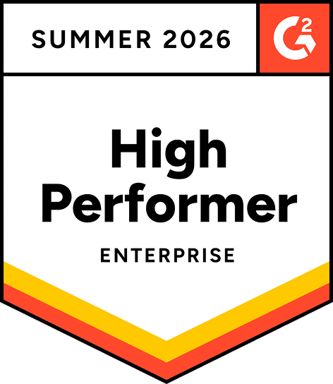 Award badge reading Summer 2026 with High Performer Enterprise, featuring a G2 icon and orange-yellow-bottom chevrons.
