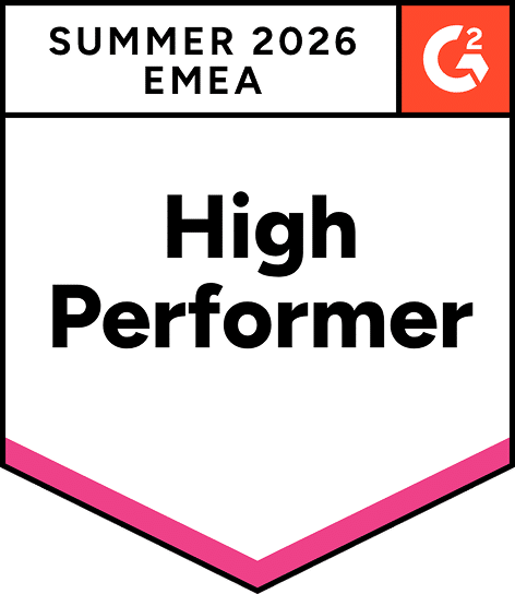 Award badge: 'Summer 2026 EMEA' with G2 logo; large text 'High Performer' on a white shield with a pink bottom chevron.